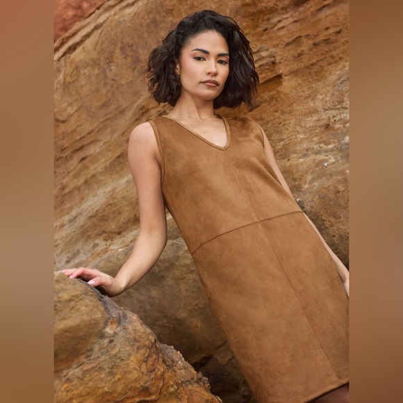 Dresses & Skirts - Sleeveless V-Neck Suede-Look Tan Dress